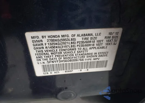 2013 Honda Pilot Ex-L z USA, uszkodzony, nr VIN 5FNYF3H56DB006766